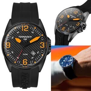 TORGOEN T10 TN-1019U Blackbird Carbon Sapphire 44mm Black Silicone Strap New